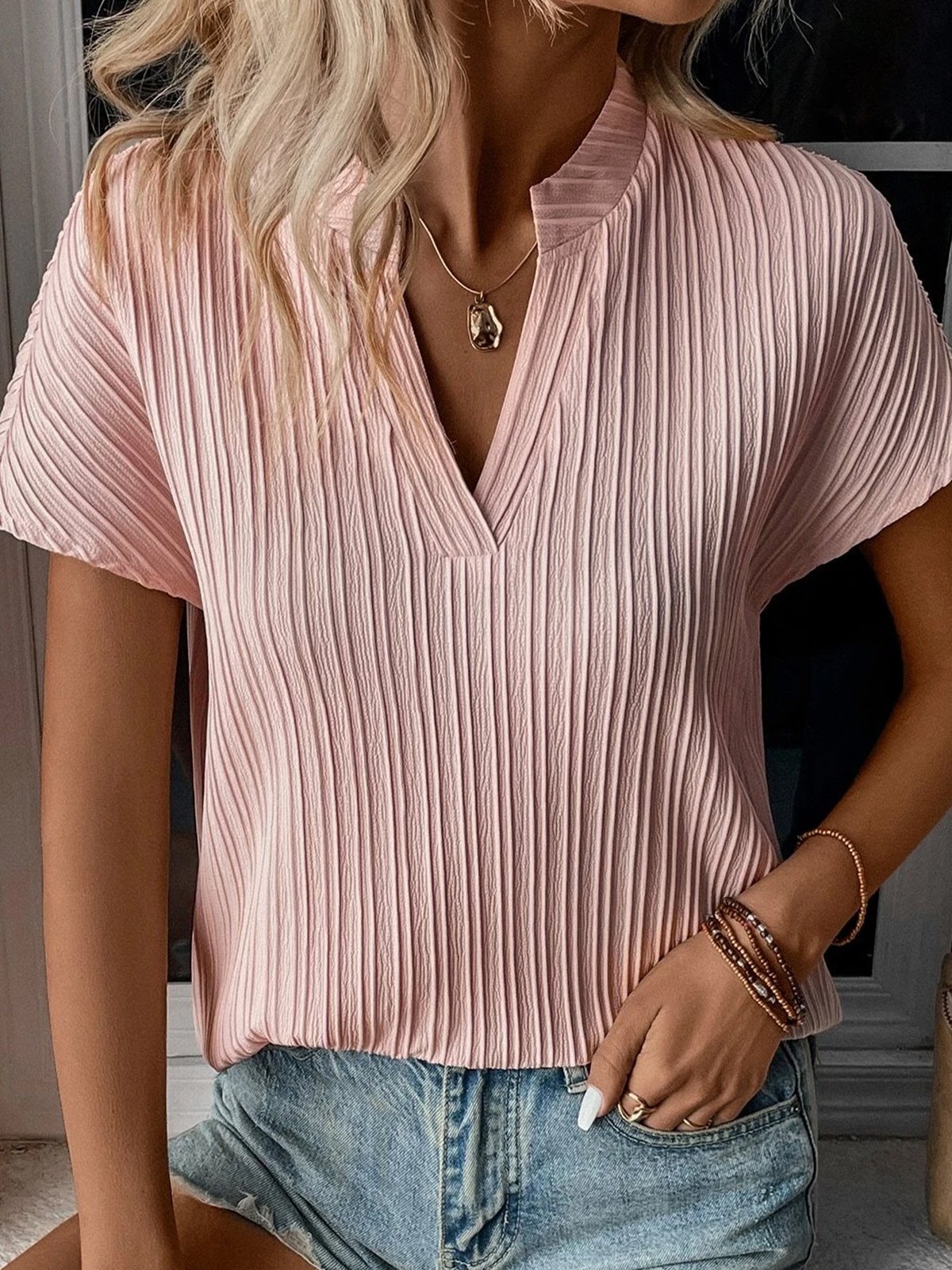 Loose Casual V Neck Plain Shirt