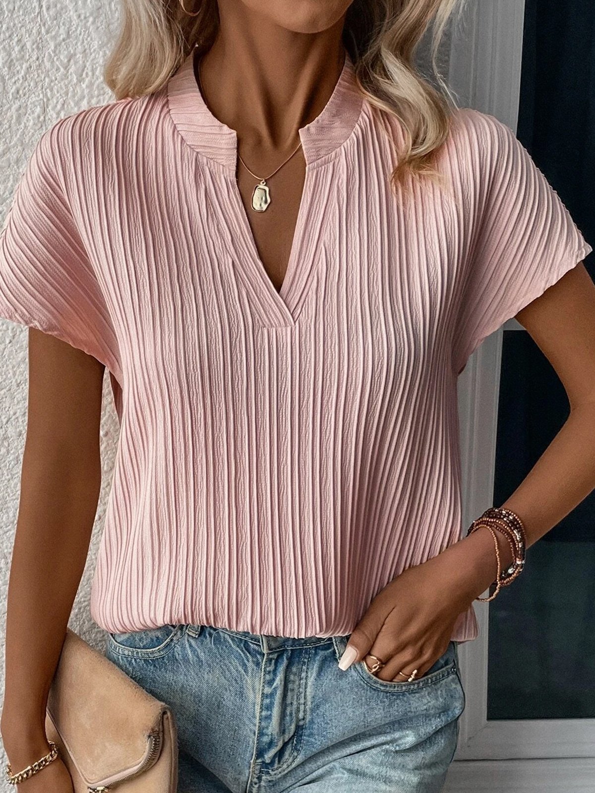 Loose Casual V Neck Plain Shirt