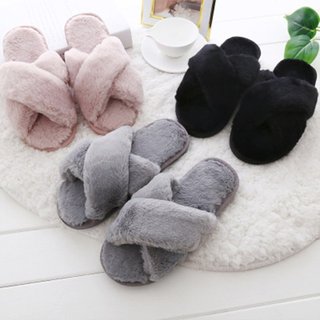 Women S Cross Fluffy Slippers Flat House Slippers