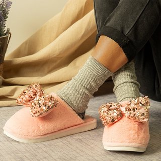 Winter Warm Fur Slippers Bow Closed Toe Slide House Slippers