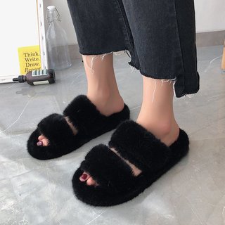 Open Toe Flat Faux Fur Fluffy Women S House Slippers