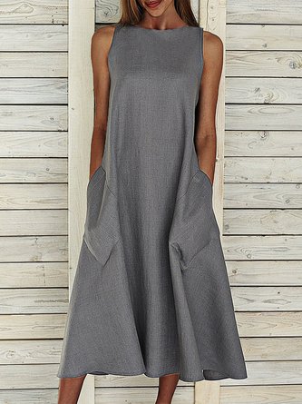 Summer Maxi Pockets Weaving Dress Women Solid Sleeveless Crew Neck Weaving Dress