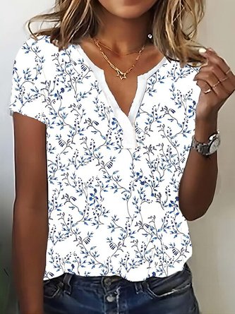 V Neck Loose Floral Casual T-Shirt