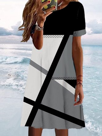 Color Block Casual Loose Crew Neck Dress