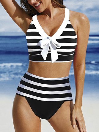 Striped V Neck Printing Casual Bikini
