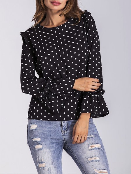 cotton linen round neck polka dot long sleeve blouse