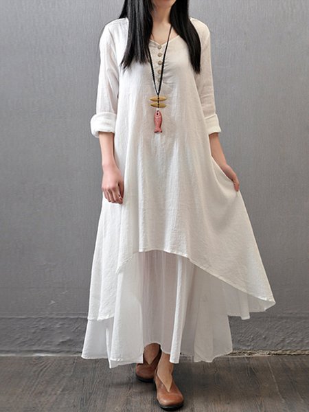 Spring Autumn Casual Shirt Dress Long Sleeve Stand V Neck Solid Asymmetrical Dresses For Women9