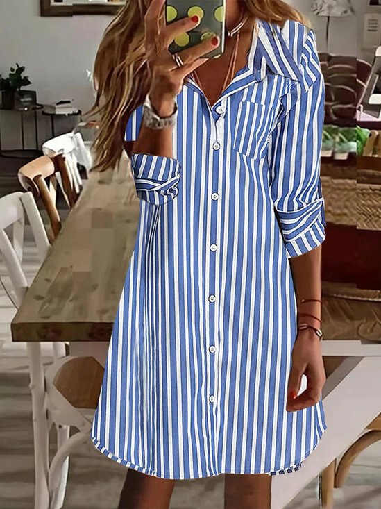 Womens Shirt Collar Striped Casual Dress