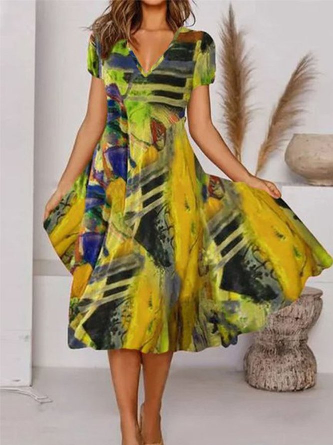 Boho Printed V Neck Floral Weaving Dress
