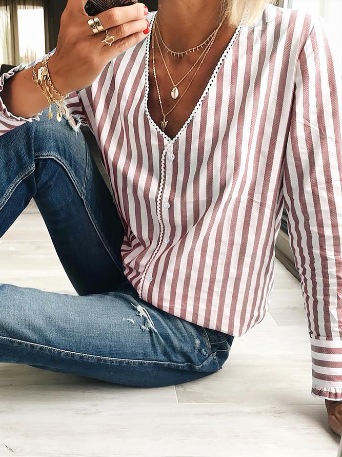Striped V Neck Loose Casual Blouse