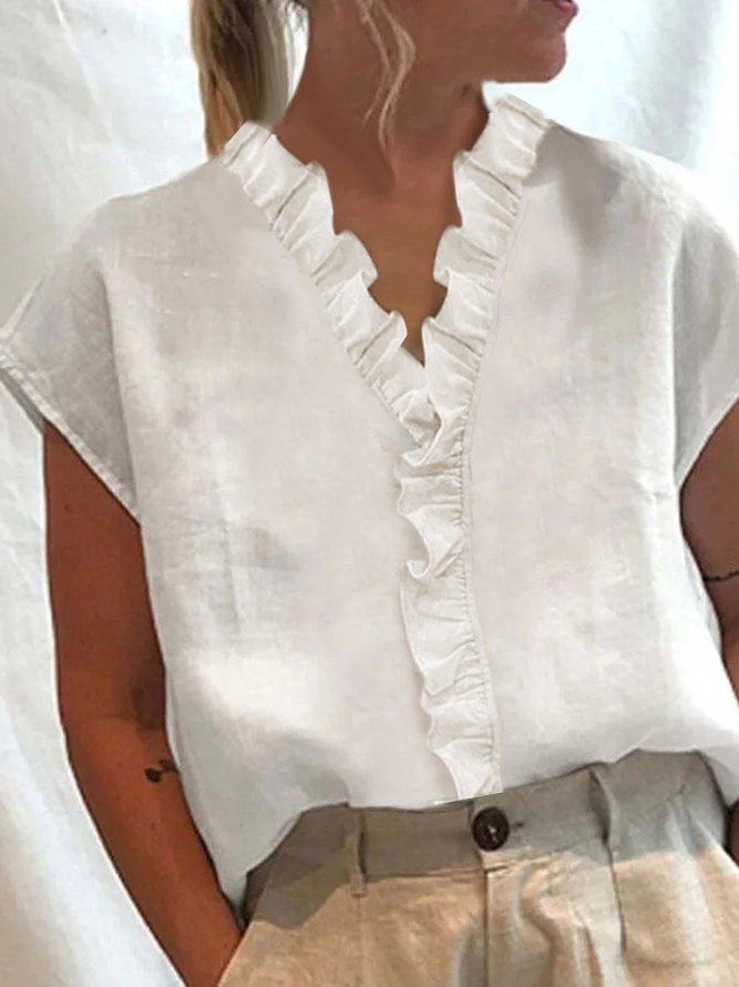 Summer Womens V Neck Flouncing Cotton Linen Shirt