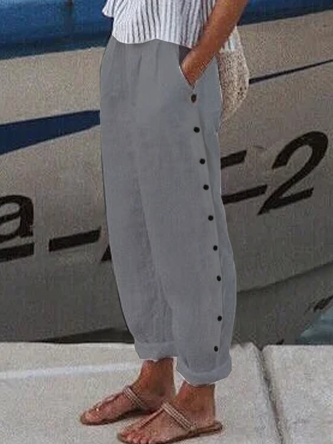 Buttoned Linen Loose Plain Pants