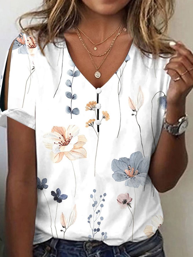 Casual Jersey V Neck Floral Shirt