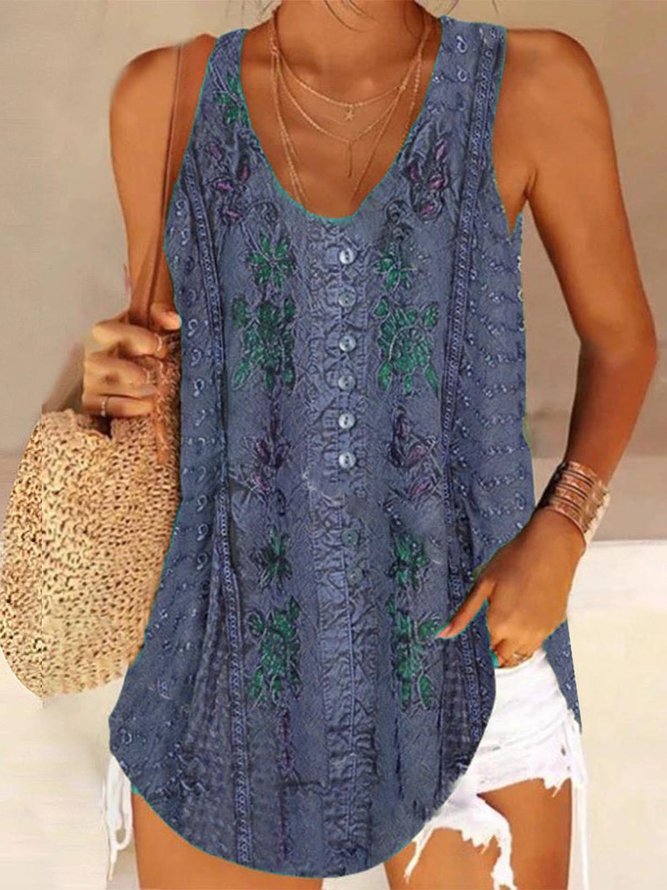 Ethnic Boho Buttoned Loose Tank Top