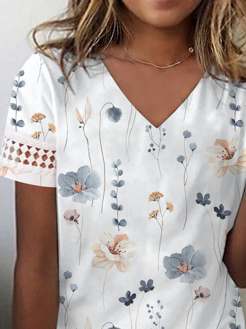 V Neck Lace Floral Casual T-Shirt