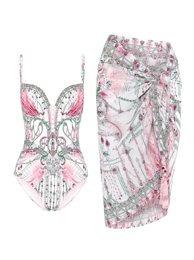 Vacation Ethnic Printing Notched  One Piece With Cover Up