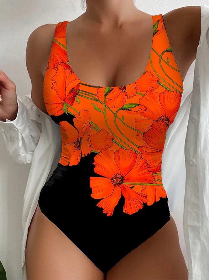 Printing Scoop Neck Vacation Floral One-Piece