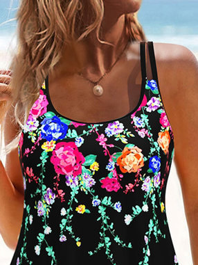 Scoop Neck Floral Printing Vacation Tankini