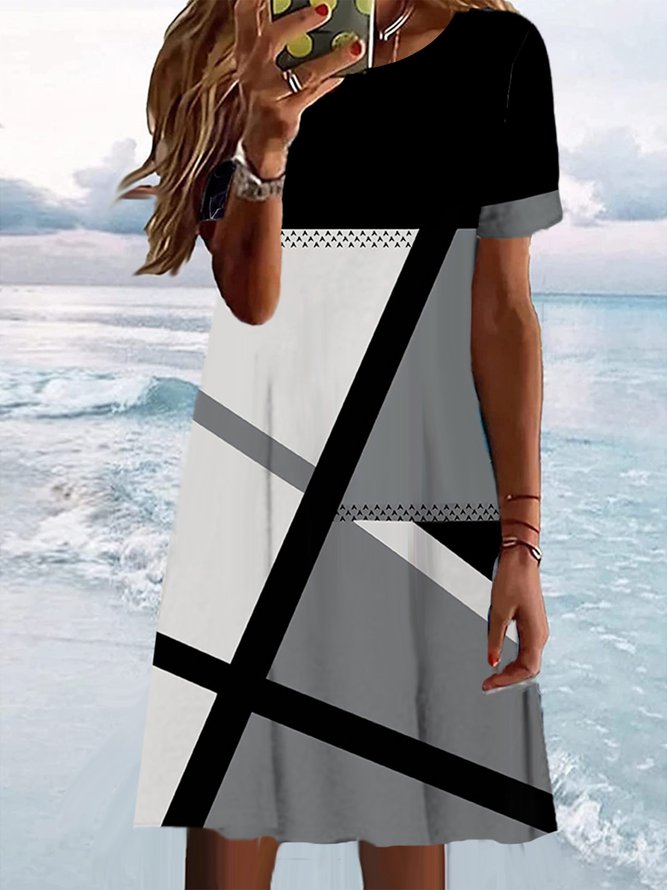 Color Block Casual Loose Crew Neck Dress
