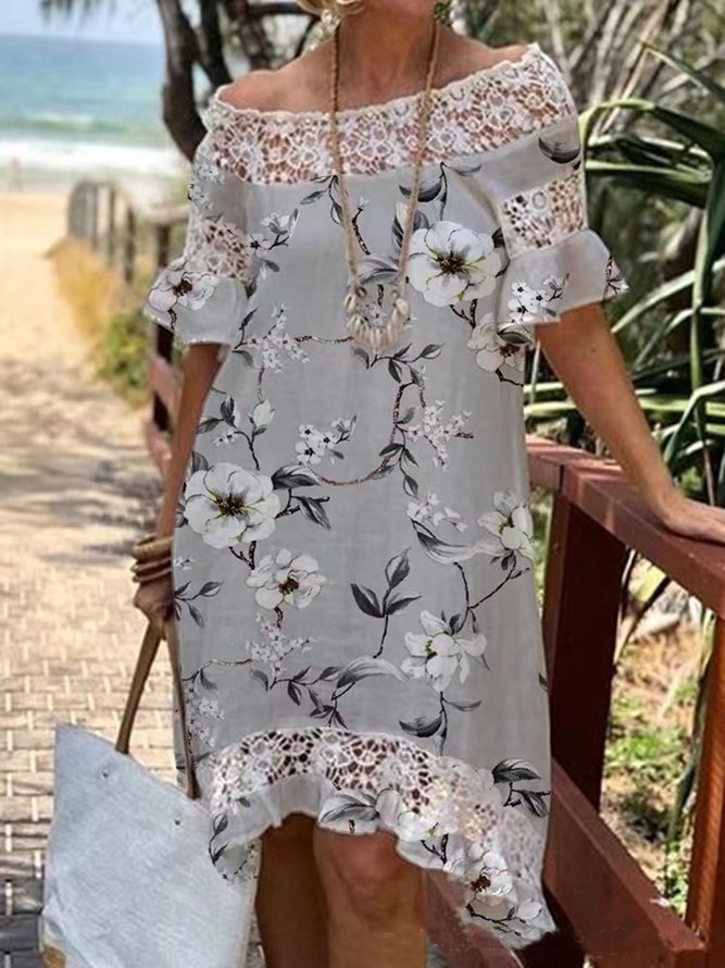Casual Floral Boat Neck Regular Fit Dress